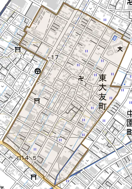 東大友町とその周辺の地図。町の範囲を重ねている