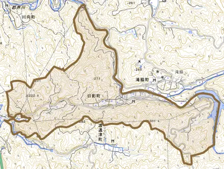 日影町とその周辺の地図。町の範囲を重ねている