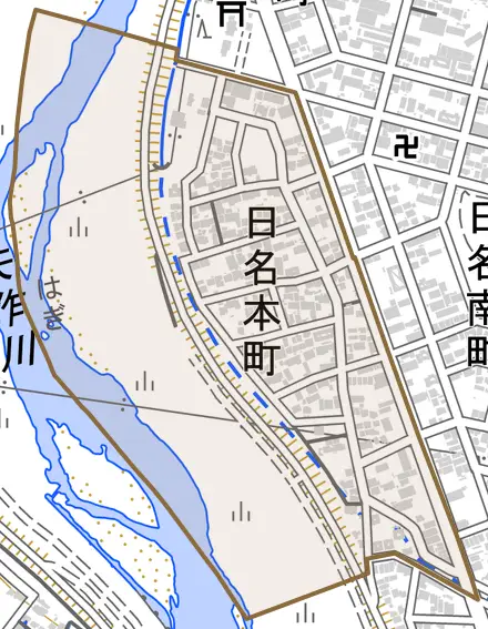 日名本町とその周辺の地図。町の範囲を重ねている