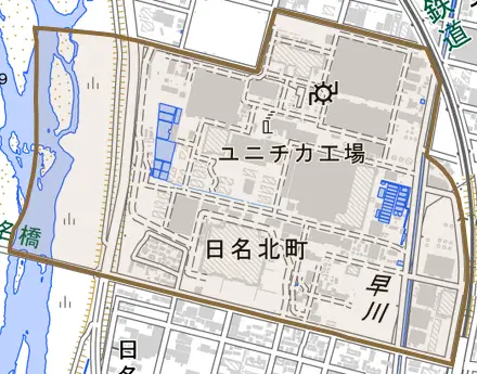 日名北町とその周辺の地図。町の範囲を重ねている