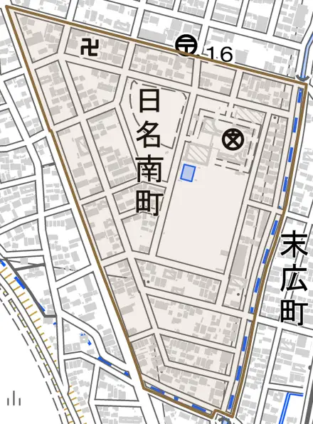 日名南町とその周辺の地図。町の範囲を重ねている