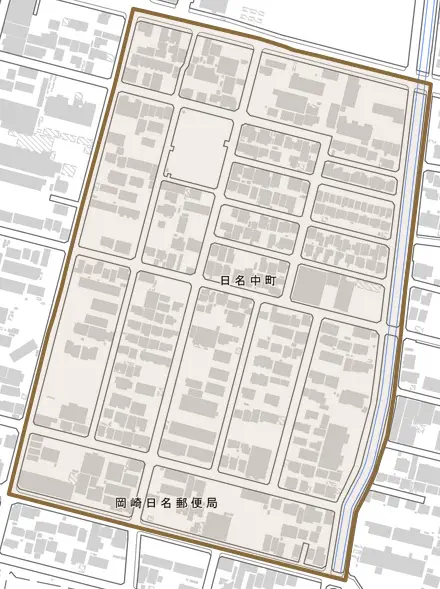 日名中町とその周辺の地図。町の範囲を重ねている