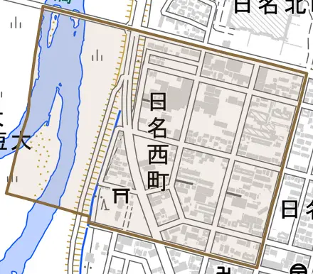 日名西町とその周辺の地図。町の範囲を重ねている