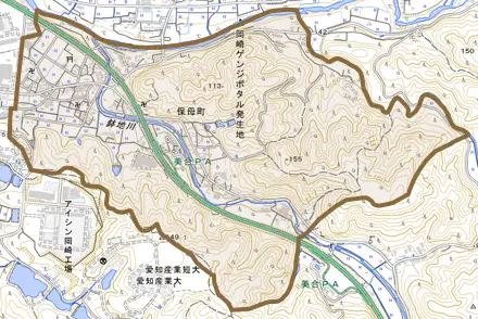 保母町とその周辺の地図。町の範囲を重ねている