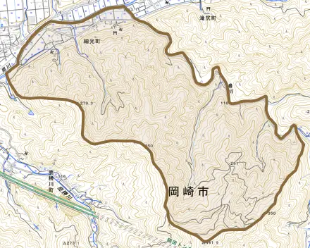 細光町とその周辺の地図。町の範囲を重ねている