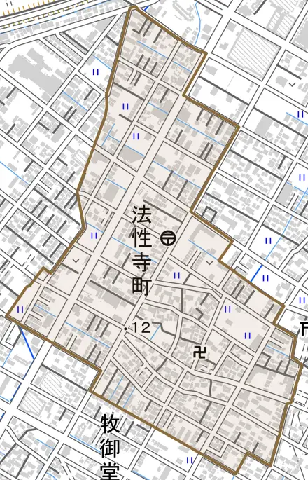 法性寺町とその周辺の地図。町の範囲を重ねている