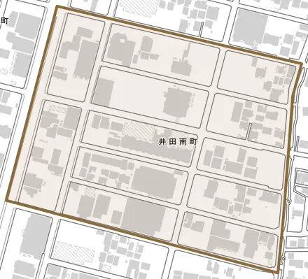 井田南町とその周辺の地図。町の範囲を重ねている
