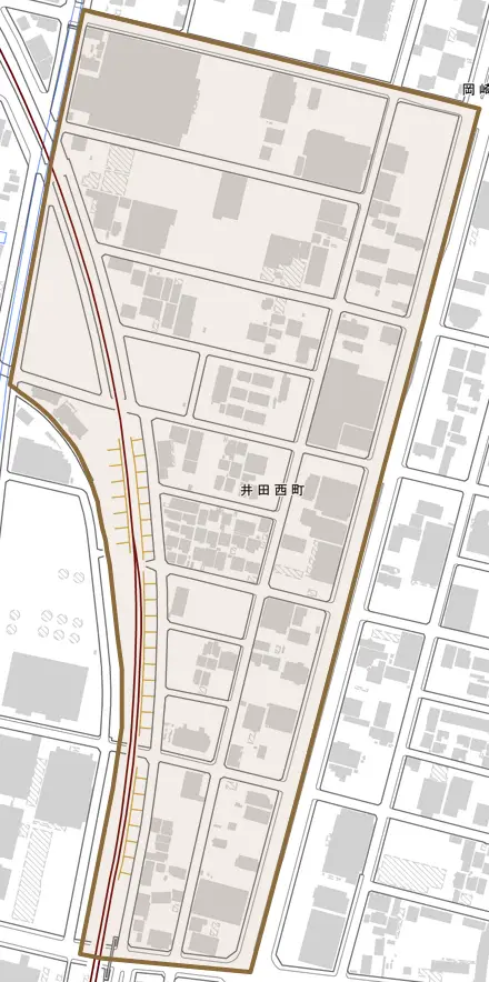 井田西町とその周辺の地図。町の範囲を重ねている