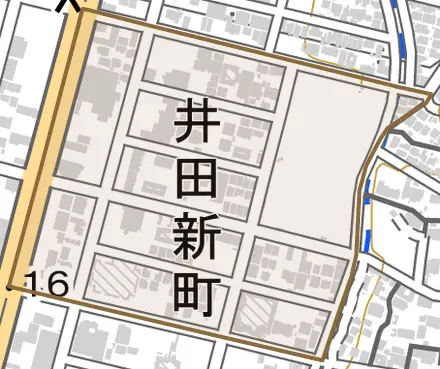 井田新町とその周辺の地図。町の範囲を重ねている