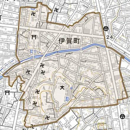 伊賀町とその周辺の地図。町の範囲を重ねている