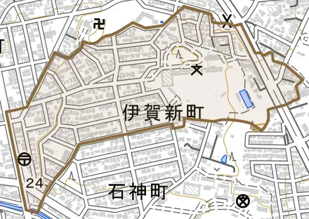 伊賀新町とその周辺の地図。町の範囲を重ねている