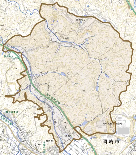 池金町とその周辺の地図。町の範囲を重ねている