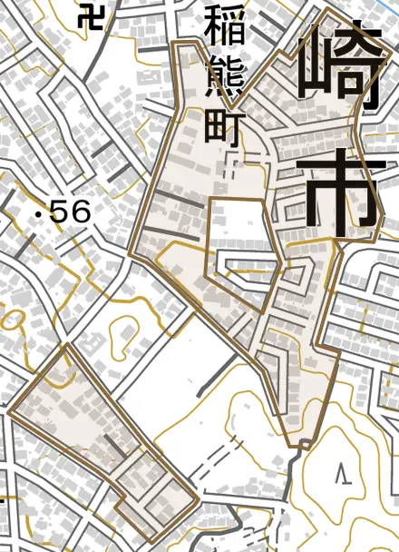 稲熊町とその周辺の地図。町の範囲を重ねている