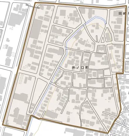 井ノ口町とその周辺の地図。町の範囲を重ねている