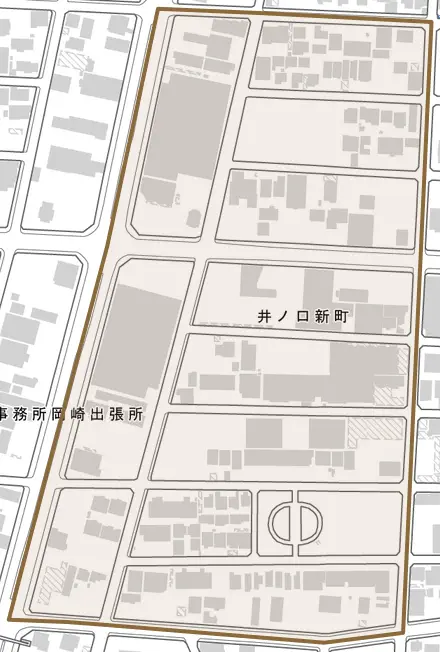 井ノ口新町とその周辺の地図。町の範囲を重ねている
