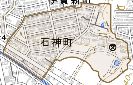 石神町とその周辺の地図。町の範囲を重ねている