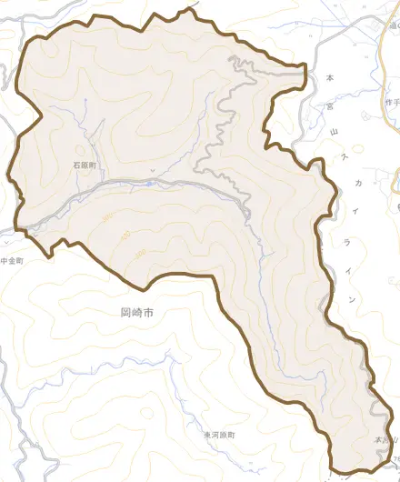 石原町とその周辺の地図。町の範囲を重ねている