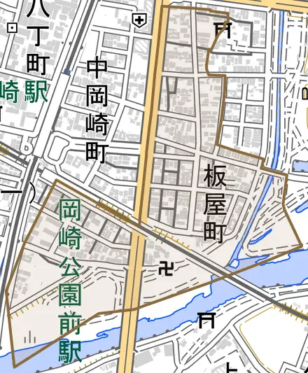 板屋町とその周辺の地図。町の範囲を重ねている