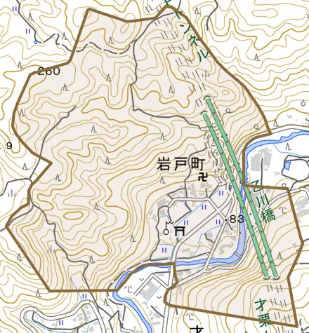 岩戸町とその周辺の地図。町の範囲を重ねている