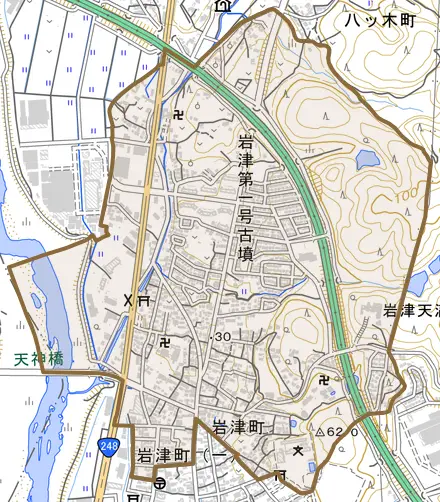 岩津町とその周辺の地図。町の範囲を重ねている