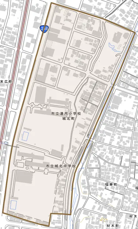 城北町とその周辺の地図。町の範囲を重ねている