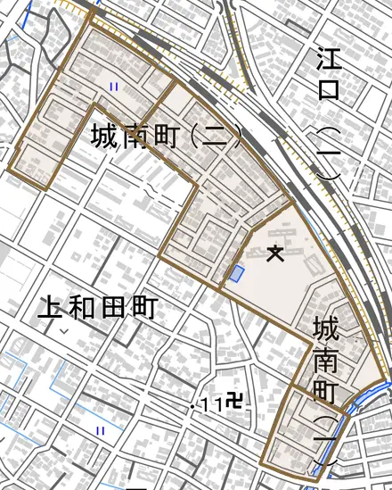 城南町とその周辺の地図。町の範囲を重ねている