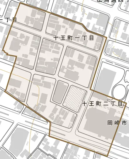 十王町とその周辺の地図。町の範囲を重ねている