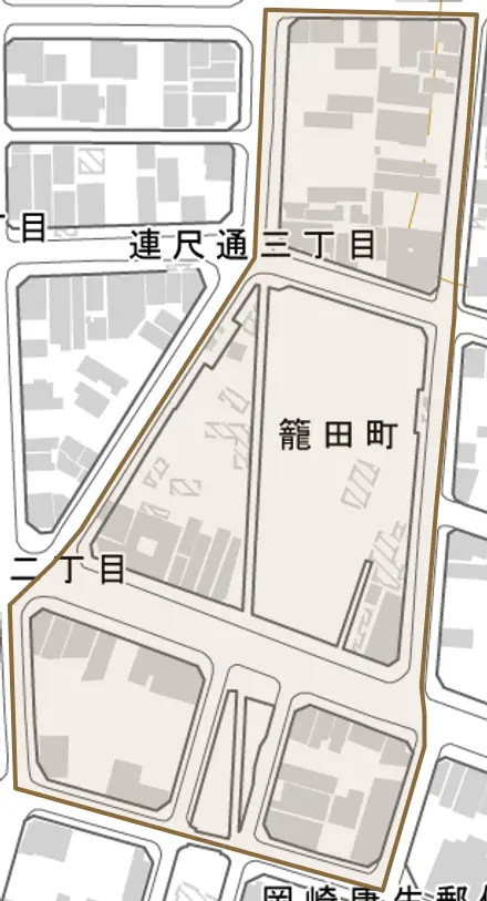 籠田町とその周辺の地図。町の範囲を重ねている
