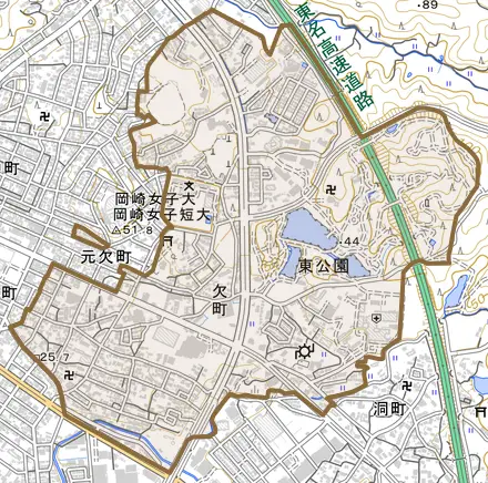 欠町とその周辺の地図。町の範囲を重ねている