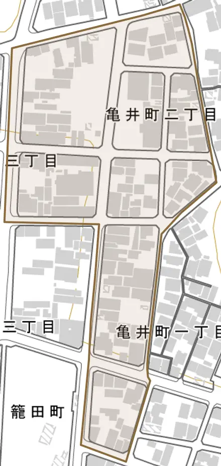 亀井町とその周辺の地図。町の範囲を重ねている