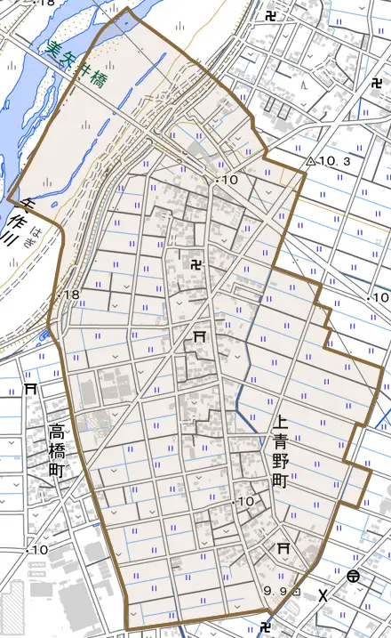 上青野町とその周辺の地図。町の範囲を重ねている