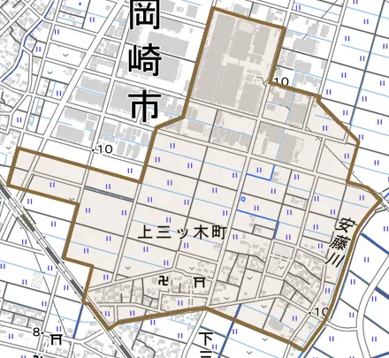 上三ツ木町とその周辺の地図。町の範囲を重ねている