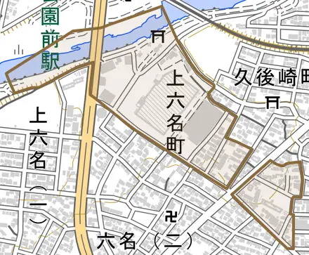上六名町とその周辺の地図。町の範囲を重ねている