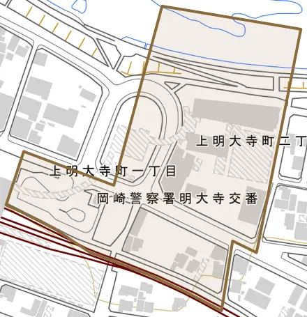 上明大寺町とその周辺の地図。町の範囲を重ねている