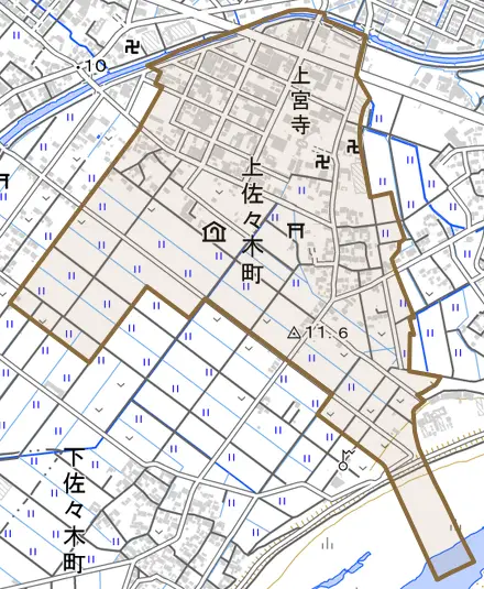 上佐々木町とその周辺の地図。町の範囲を重ねている