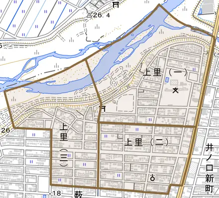 上里とその周辺の地図。町の範囲を重ねている