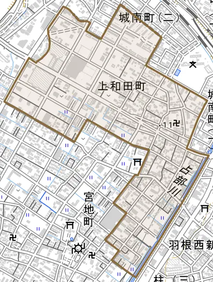 上和田町とその周辺の地図。町の範囲を重ねている
