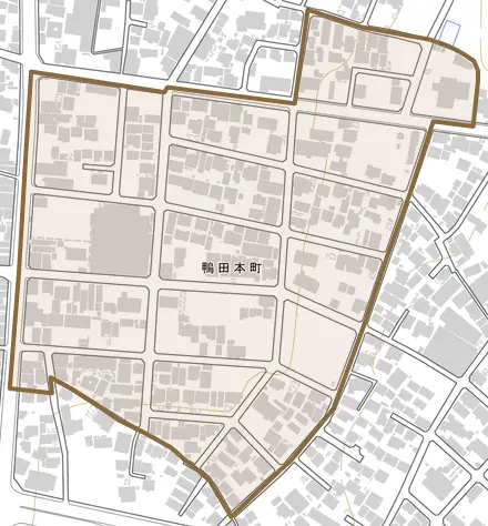 鴨田本町とその周辺の地図。町の範囲を重ねている