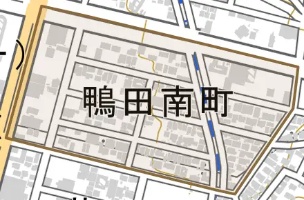 鴨田南町とその周辺の地図。町の範囲を重ねている