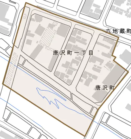唐沢町とその周辺の地図。町の範囲を重ねている