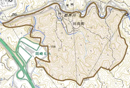 川向町とその周辺の地図。町の範囲を重ねている