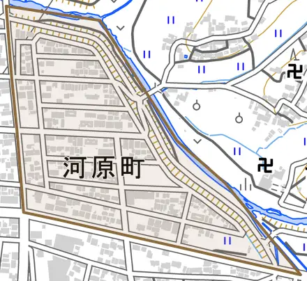河原町とその周辺の地図。町の範囲を重ねている