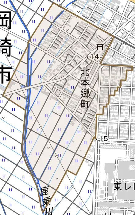 北本郷町とその周辺の地図。町の範囲を重ねている