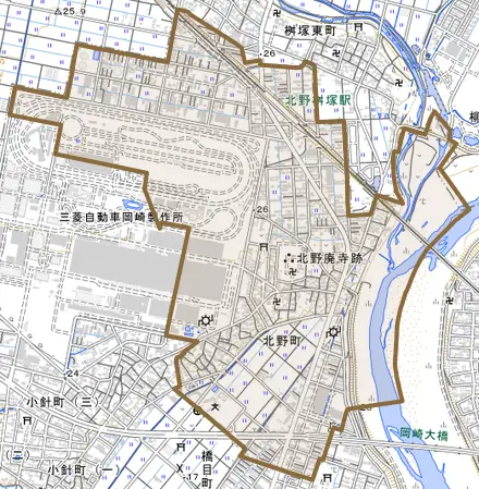 北野町とその周辺の地図。町の範囲を重ねている