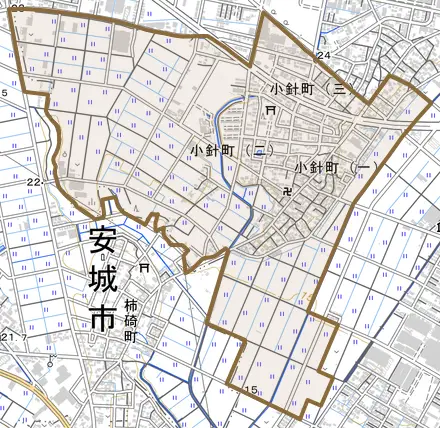 小針町とその周辺の地図。町の範囲を重ねている