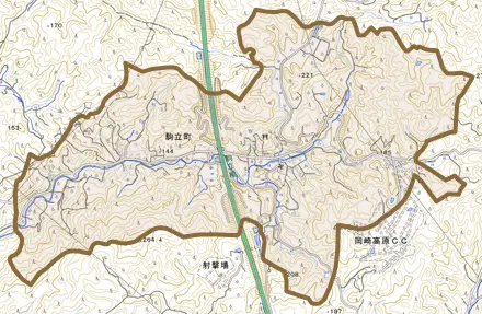 駒立町とその周辺の地図。町の範囲を重ねている