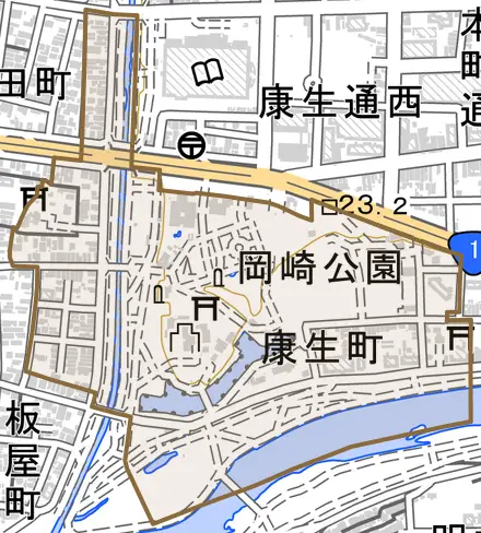 康生町とその周辺の地図。町の範囲を重ねている