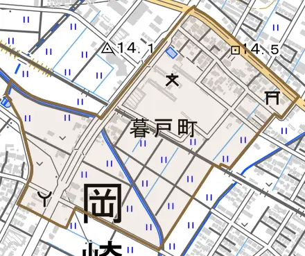 暮戸町とその周辺の地図。町の範囲を重ねている