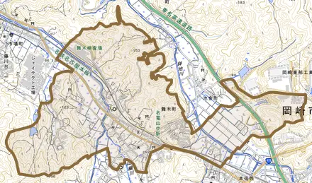 舞木町とその周辺の地図。町の範囲を重ねている