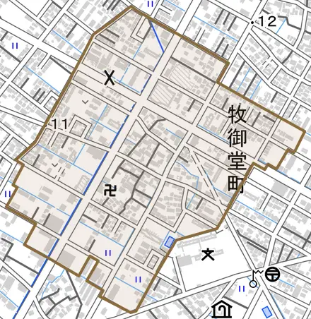 牧御堂町とその周辺の地図。町の範囲を重ねている